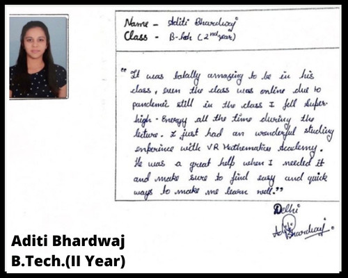 "Testimonial by Aditi Bhardwaj, B.Tech 2nd Year student, praising VR Mathematics Academy Kota for effective online classes and quick learning methods."
