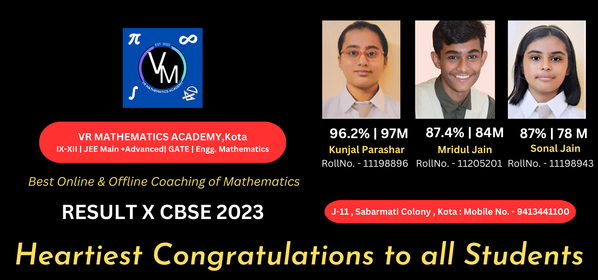"Top students of VR Mathematics Academy Kota celebrating their excellent CBSE Class X 2023 results with scores of 96.2%, 87.4%, and 87% in Mathematics."
